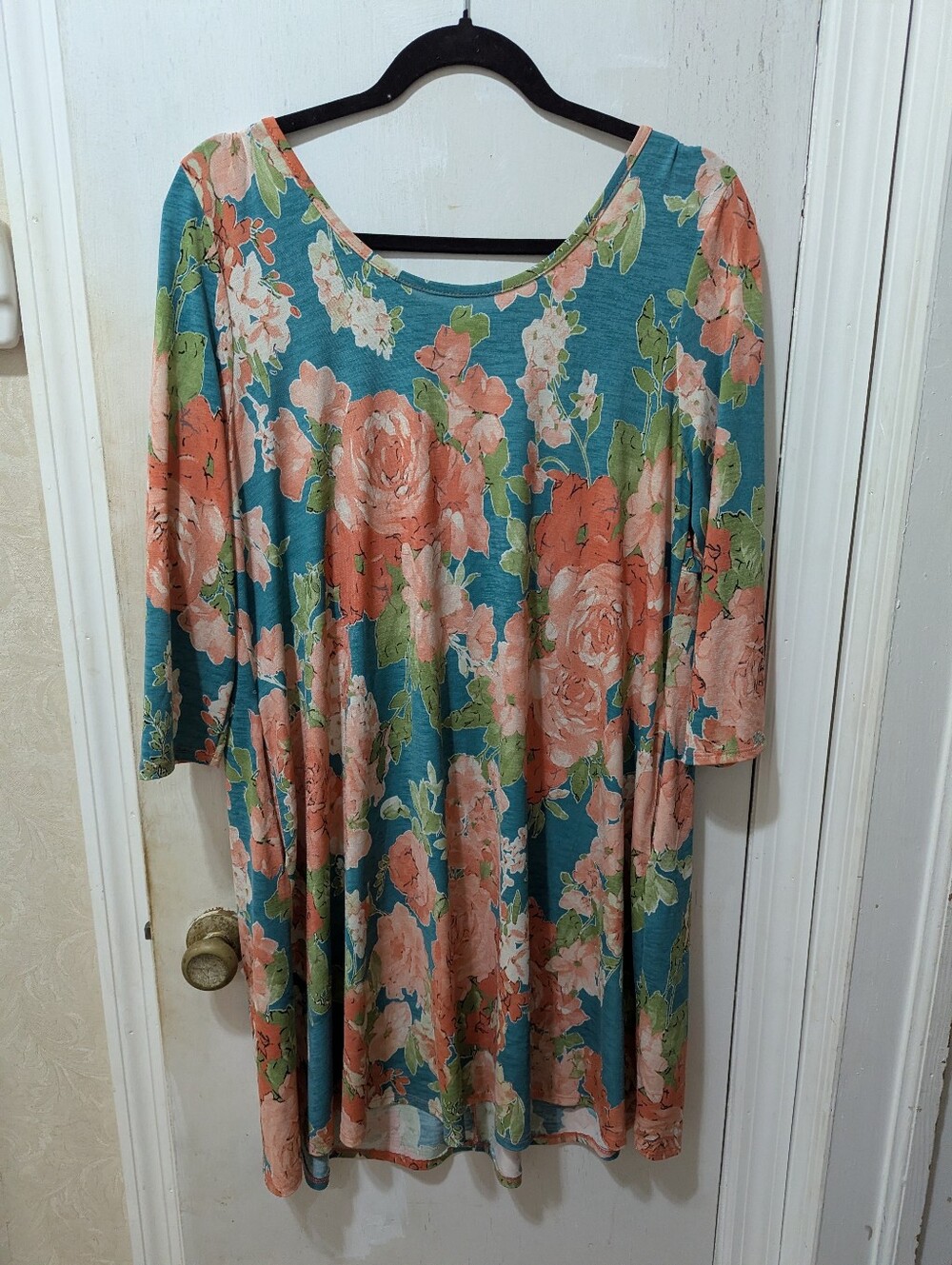 Jules & James Large Teal Floral Swing Dress with Coral Roses Crisscross Back